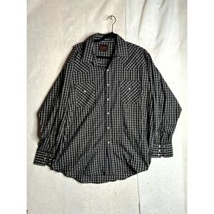 Plains Western Shirt Men XL Black White Plaid Double Pockets Collared Pearl Snap